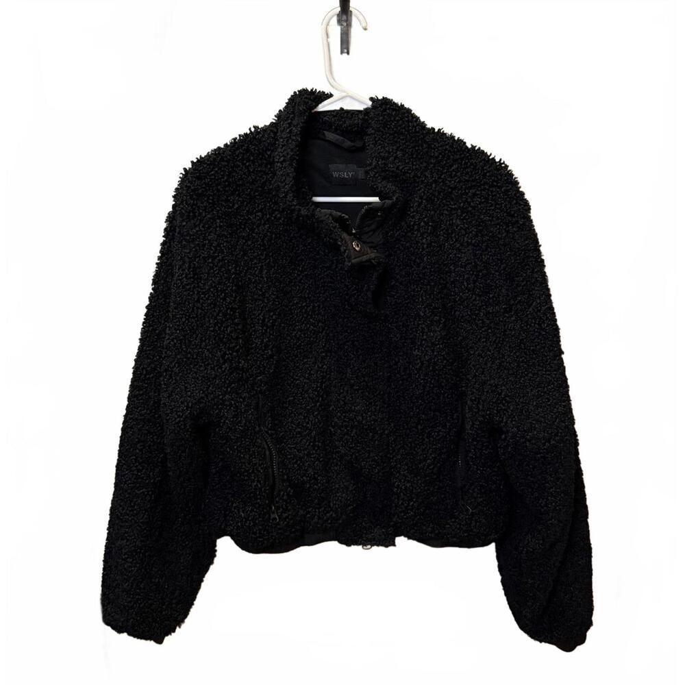WSLY Sherpa Teddy Fleece Jacket Women’s Large Black Zip Front Cozy Cropped